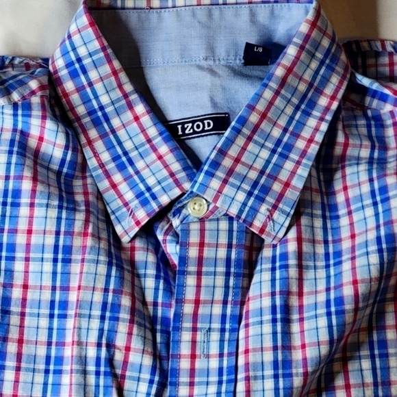 Mens Izod Button Down Size Lage Red White and Blue Plaid - Picture 6 of 6